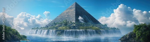 Mythic Pyramid Paradise: A colossal pyramid, intricately detailed, rises majestically amidst a stunning oasis, water cascading into a serene lagoon as clouds drift lazily above.