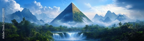 Mystical Pyramid: A majestic pyramid is seen surrounded by lush mountains, serene waterfalls, and ethereal clouds, in a scene that evokes wonder and mystery.