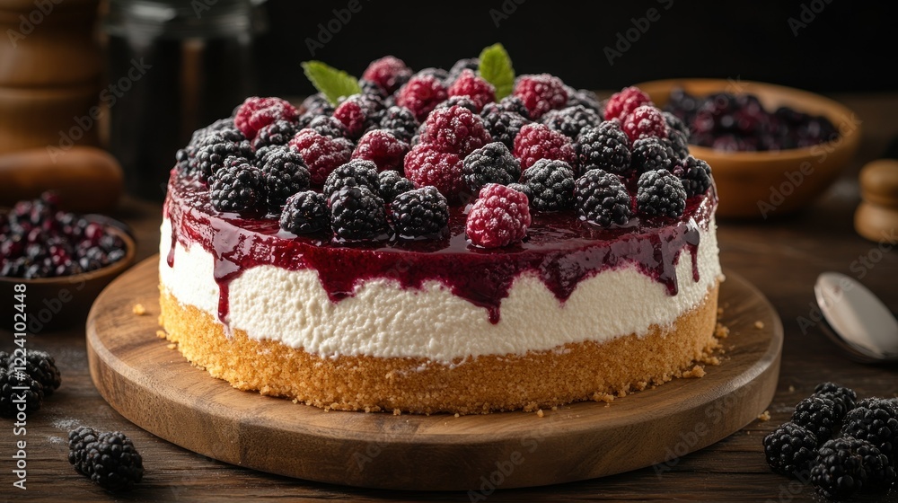 Delicious Berry Cheesecake on Wooden Board Delicious Berry Cheesecake on Wooden Board
