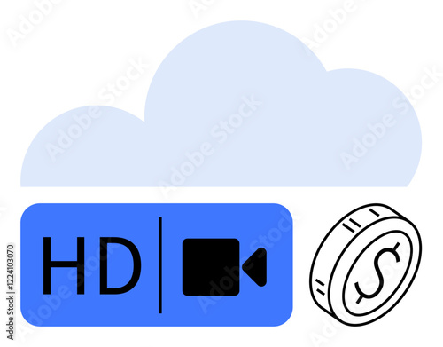 Cloud in background with HD video play button and coin icon. Ideal for video streaming, cloud services, HD quality, monetization, media platforms, digital storage, abstract line flat metaphor