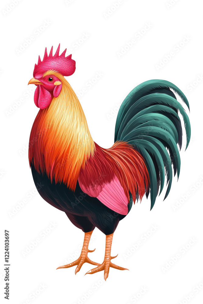 A rooster with a red and green head stands on a white background A rooster with a red and green head stands on a white background