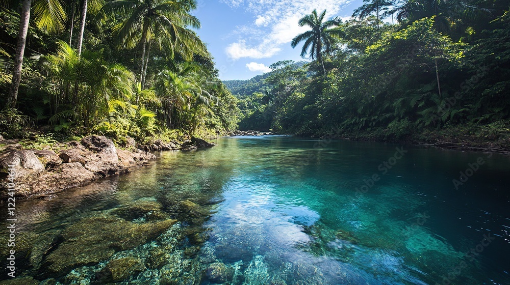 Naklejka premium Tropical river, clear water, jungle, sunlit, calm, travel brochure