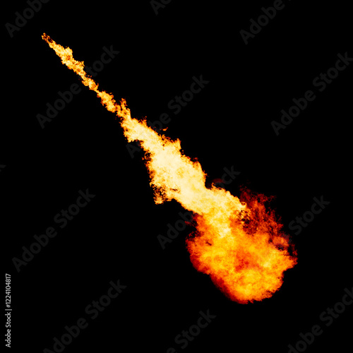 Dragon fire breath, flame blow isolated on black