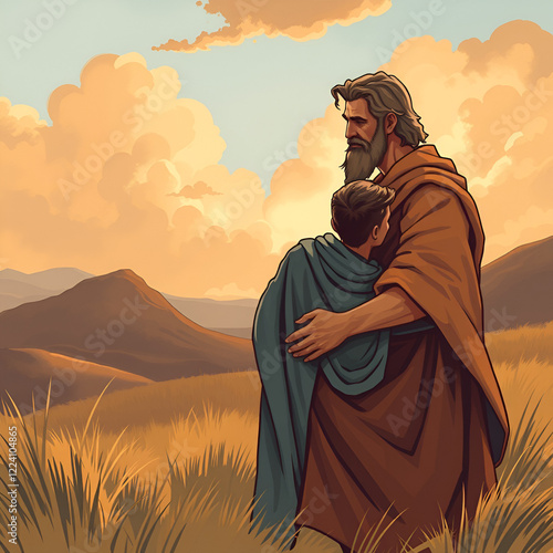 The story of the Prodigal Son, depicted with the father embracing his returning son, set against a backdrop of homecoming and forgiveness, with copy space photo