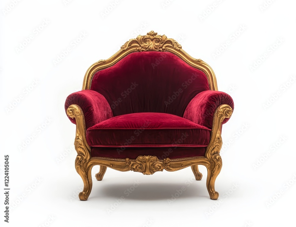 Red velvet armchair with ornate gold frame. (1)