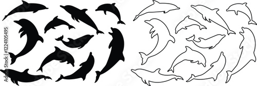 Jumping dolphin fish icon in flat, line set. vector for apps or website dolphin leaps over the water art sketch style marine mammal Bottlenose dolphin isolated on transparent background