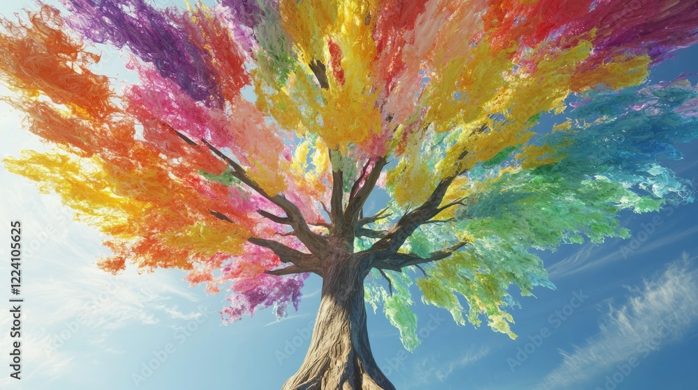 Obraz premium Majestic Tree with Colorful Leaves Against Bright Sky Background