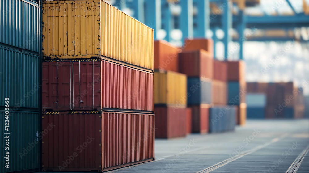 Fototapeta premium Stacked shipping containers in port facility. Global logistics and cargo transportation