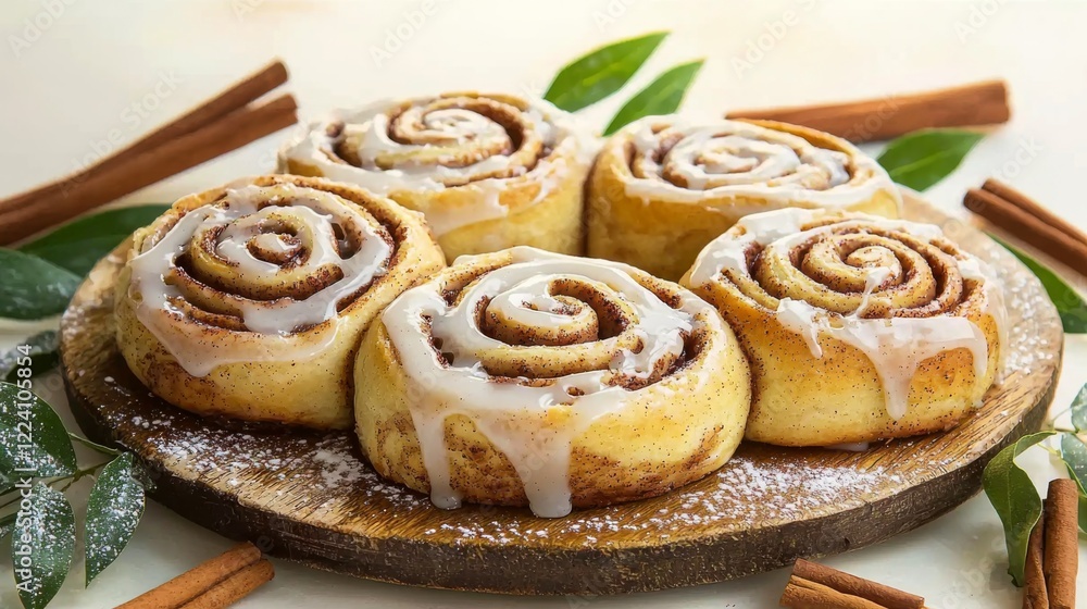 delightful display of freshly baked cinnamon rolls with drizzling icing on a rustic wooden platter, surrounded by fragrant cinnamon sticks and lush green leaves for a homely touch delightful display of freshly baked cinnamon rolls with drizzling icing on a rustic wooden platter, surrounded by fragrant cinnamon sticks and lush green leaves for a homely touch