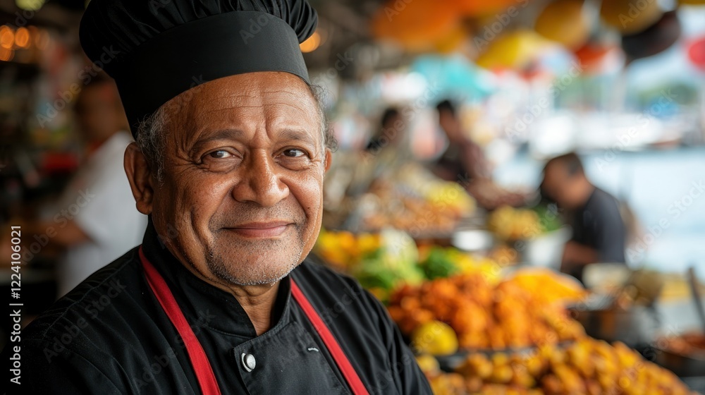 Fototapeta premium Smiling Chef at a Vibrant Market
