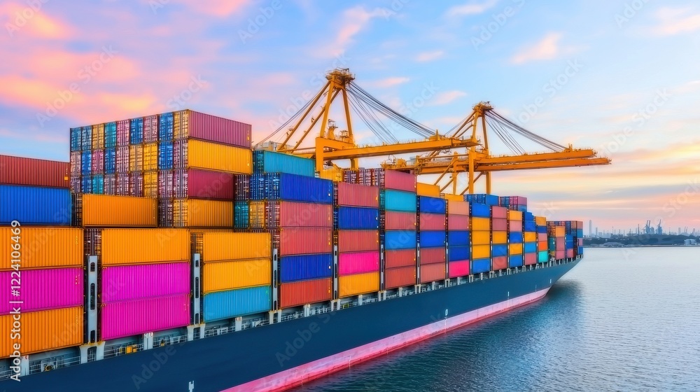 Naklejka premium A vibrant cargo ship loaded with colorful containers navigating through calm waters under a picturesque sunset sky.