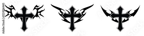 Christ cross with Neo tribal y2k gothic style tattoo Cyber sigilism spikes and sparks for streetwear print designs, spiky y2k aesthetic vector set