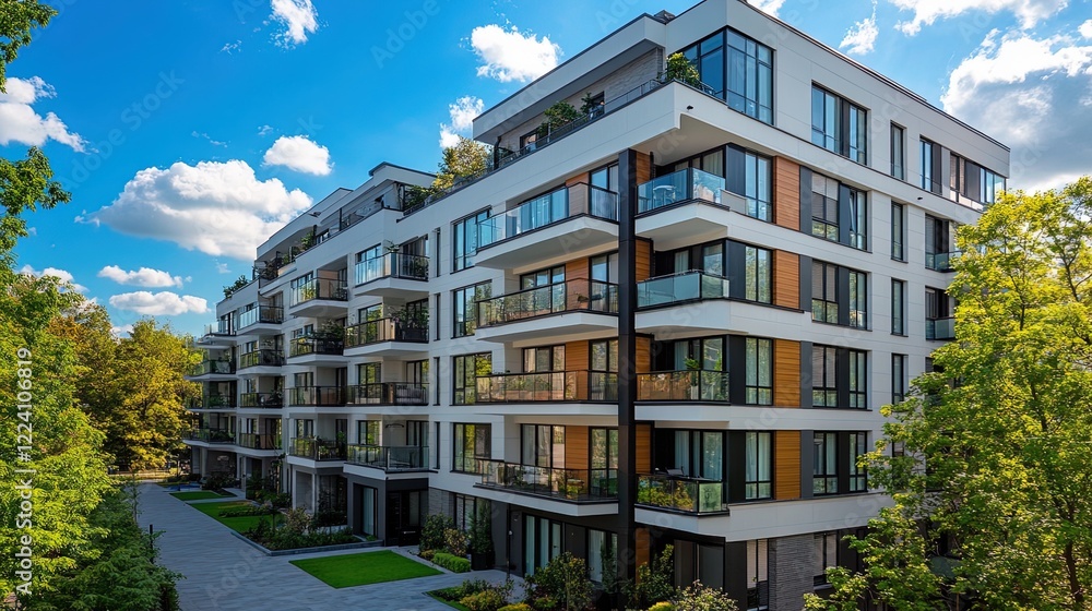Obraz premium Chic downtown apartment building exterior, with balconies, green spaces, and sophisticated urban appeal