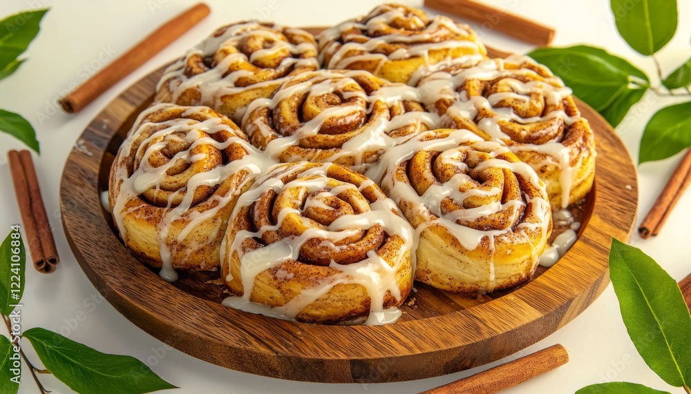 delightful display of freshly baked cinnamon rolls with drizzling icing on a rustic wooden platter, surrounded by fragrant cinnamon sticks and lush green leaves for a homely touch delightful display of freshly baked cinnamon rolls with drizzling icing on a rustic wooden platter, surrounded by fragrant cinnamon sticks and lush green leaves for a homely touch