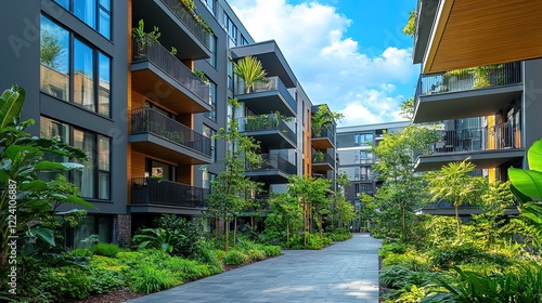 Chic downtown apartment building exterior, with balconies, green spaces, and sophisticated urban appeal