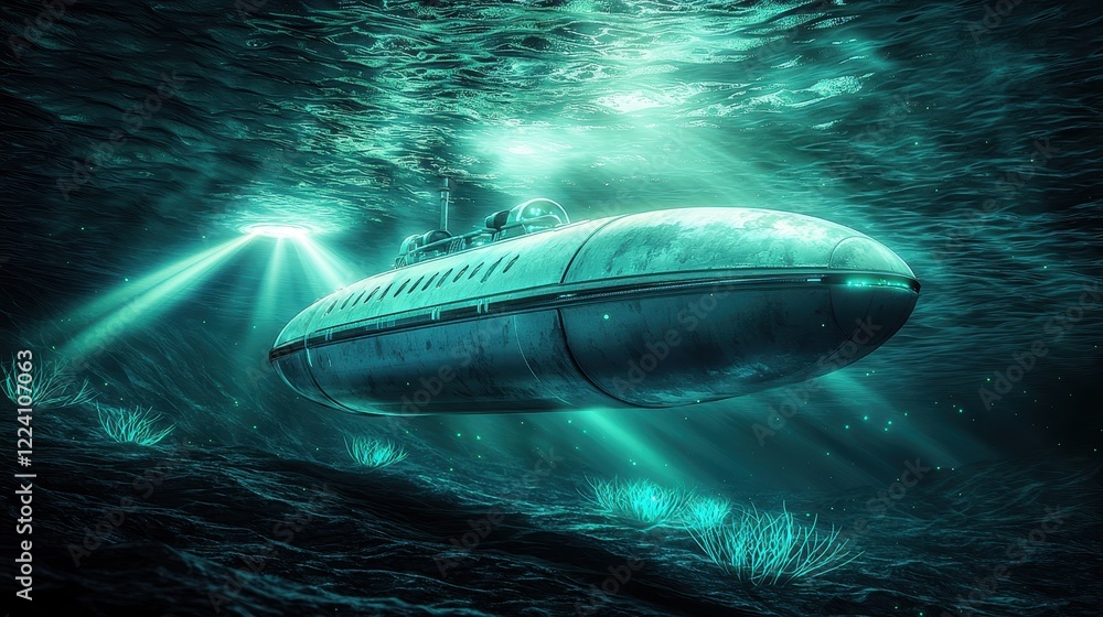 Obraz premium A daring deep-sea expedition with a futuristic submersible descending into a dark trench, its bright beams of light illuminating strange marine plants and glowing bioluminescent creatures as 