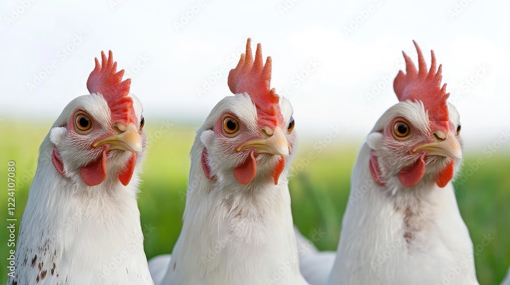Naklejka premium Three white hens in a grassy field. Farm poultry close-up for agriculture or food websites