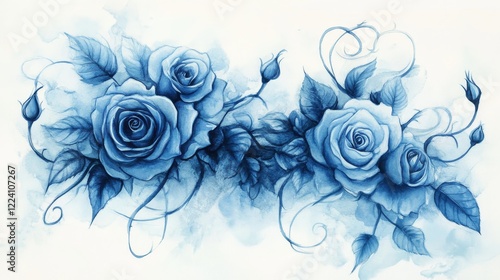 Elegant Blue Roses with Swirls and Leaves on a Light Background