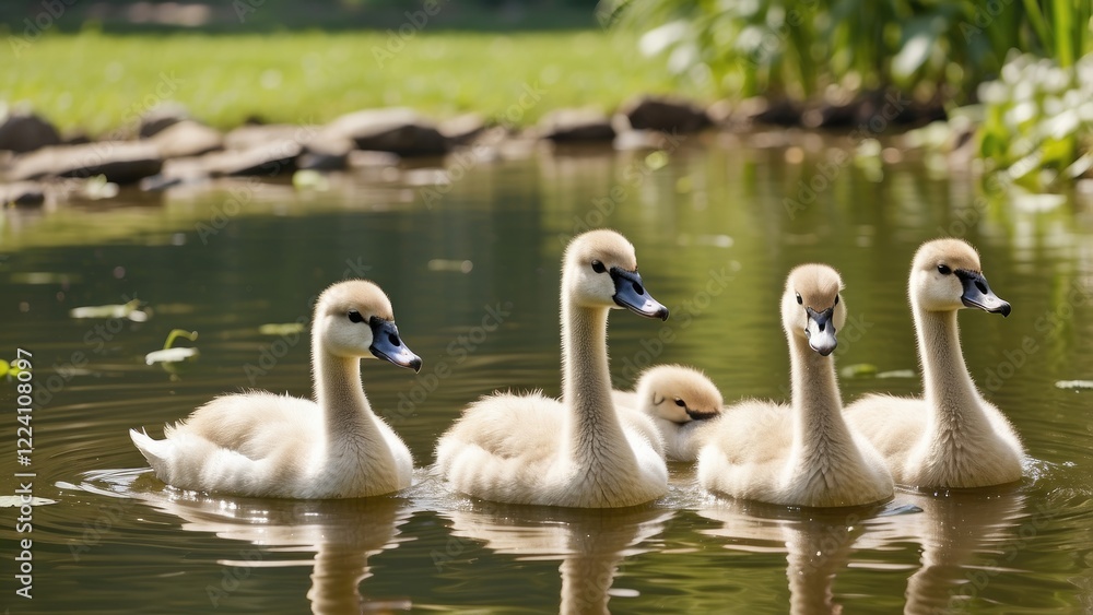 Three cygnets swim in a shallow, greenish pond surrounded by tall grasses. Three cygnets swim in a shallow, greenish pond surrounded by tall grasses.
