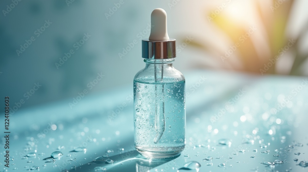 dropper bottle of hydrating serum with droplets on the glass dropper bottle of hydrating serum with droplets on the glass