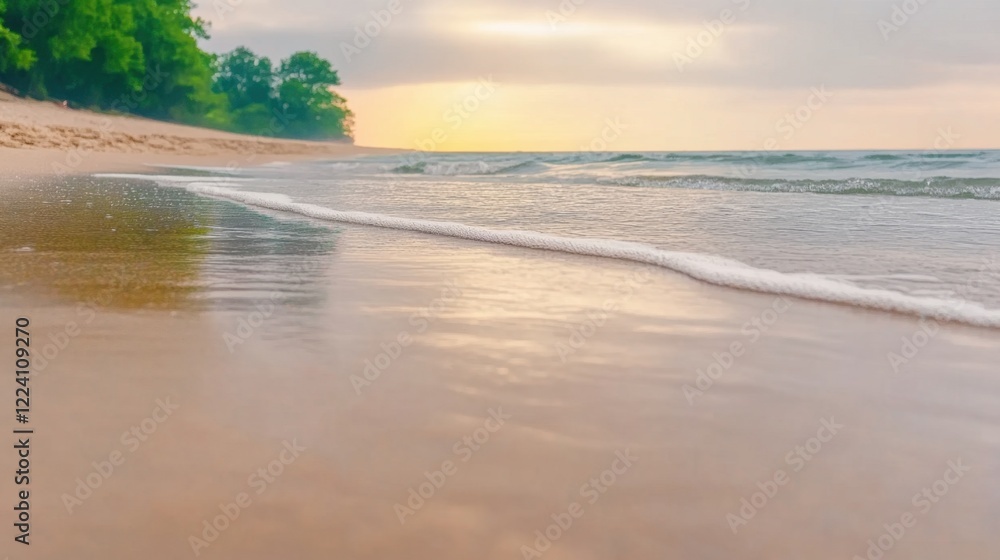 Obraz premium Serene Beach Sunset with Gentle Waves and Tranquil Shoreline Landscape in Soft Light