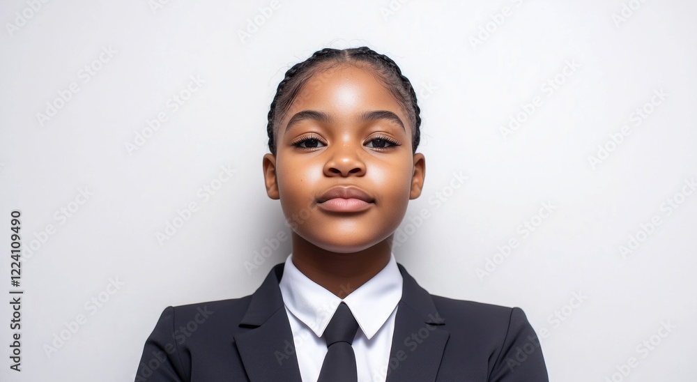 A school-aged child wearing school uniform. Kid. Youth. Youngster. Teenager. African American school girl wearing suit and tie. Young black girl is a student. Preteen A school-aged child wearing school uniform. Kid. Youth. Youngster. Teenager. African American school girl wearing suit and tie. Young black girl is a student. Preteen