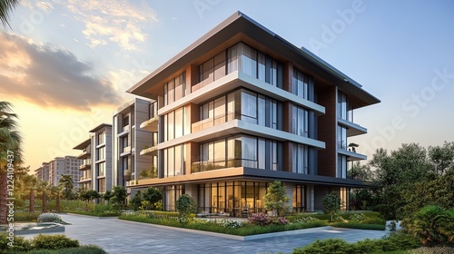 3D rendering of a commercial real estate property, showcasing modern design and spacious interiors 