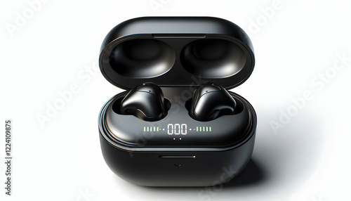 Gadget A three-quarter angle view of the black charging case with the wireless earbuds inside, focusing on 4 photo