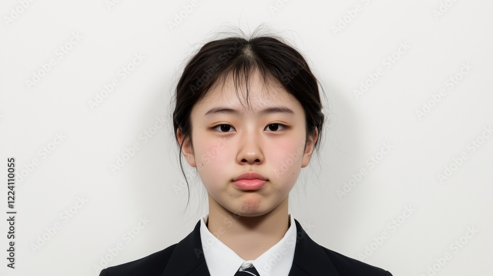 A school-aged child wearing school uniform. Kid. Youth. Youngster. Teenager. A Japanese high school girl. Passport photo. Puberty. Asian preteen student A school-aged child wearing school uniform. Kid. Youth. Youngster. Teenager. A Japanese high school girl. Passport photo. Puberty. Asian preteen student