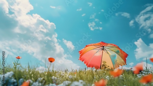 a colorful parasol lying on the grass beneath a vast blue sky, inviting relaxation.