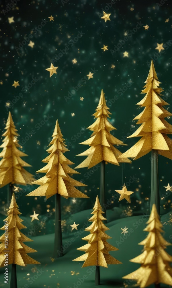 Obraz premium A whimsical arrangement of paper trees and stars on a dark green background adorned with shimmering space gold accents, ornamentation , trees