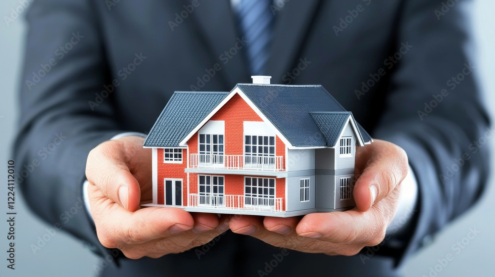 serious businessperson holding detailed model house, showcasing professionalism and attention to detail. This represents real estate, investment, and architectural design serious businessperson holding detailed model house, showcasing professionalism and attention to detail. This represents real estate, investment, and architectural design