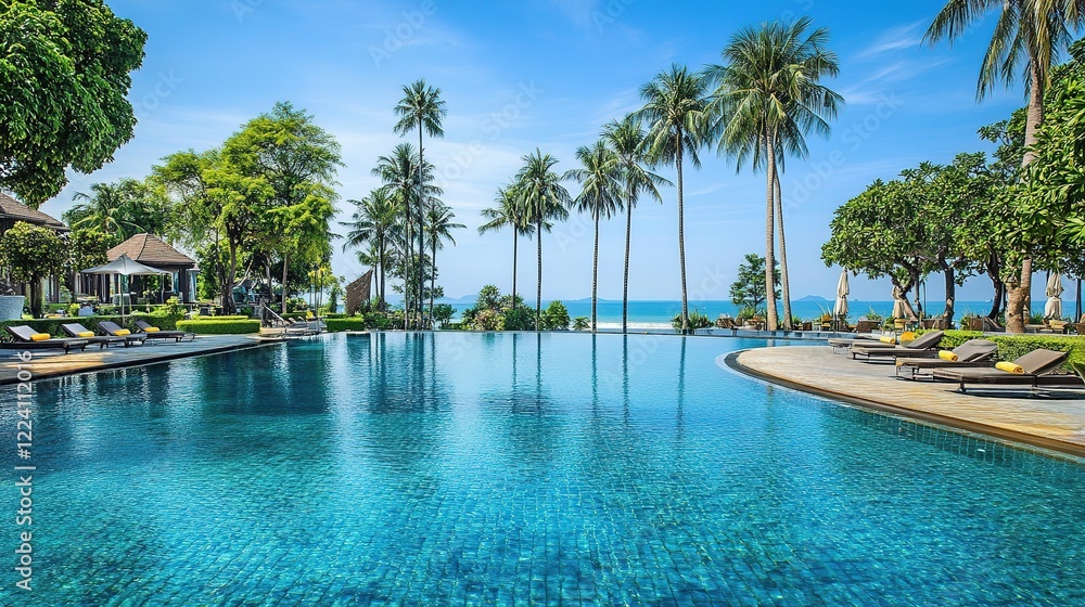 Luxury Swimming Pool in Opulent Hotel Resort Surrounded by Swaying Palm Trees and Set Against a Clear Blue Sky. Offers a Breathtaking Panoramic View of Sparkling Water, Creating an Idyllic Escape.