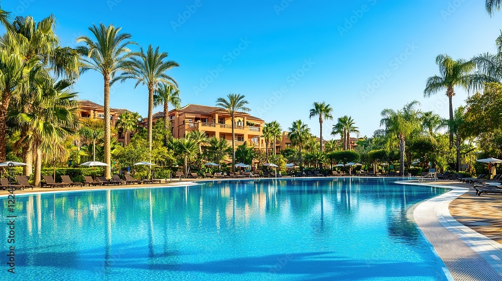 Luxury Swimming Pool in Opulent Hotel Resort Surrounded by Swaying Palm Trees and Set Against a Clear Blue Sky. Offers a Breathtaking Panoramic View of Sparkling Water, Creating an Idyllic Escape. Luxury Swimming Pool in Opulent Hotel Resort Surrounded by Swaying Palm Trees and Set Against a Clear Blue Sky. Offers a Breathtaking Panoramic View of Sparkling Water, Creating an Idyllic Escape.