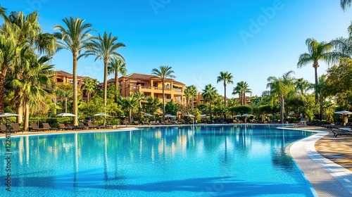 Luxury Swimming Pool in Opulent Hotel Resort Surrounded by Swaying Palm Trees and Set Against a Clear Blue Sky. Offers a Breathtaking Panoramic View of Sparkling Water  Creating an Idyllic Escape.