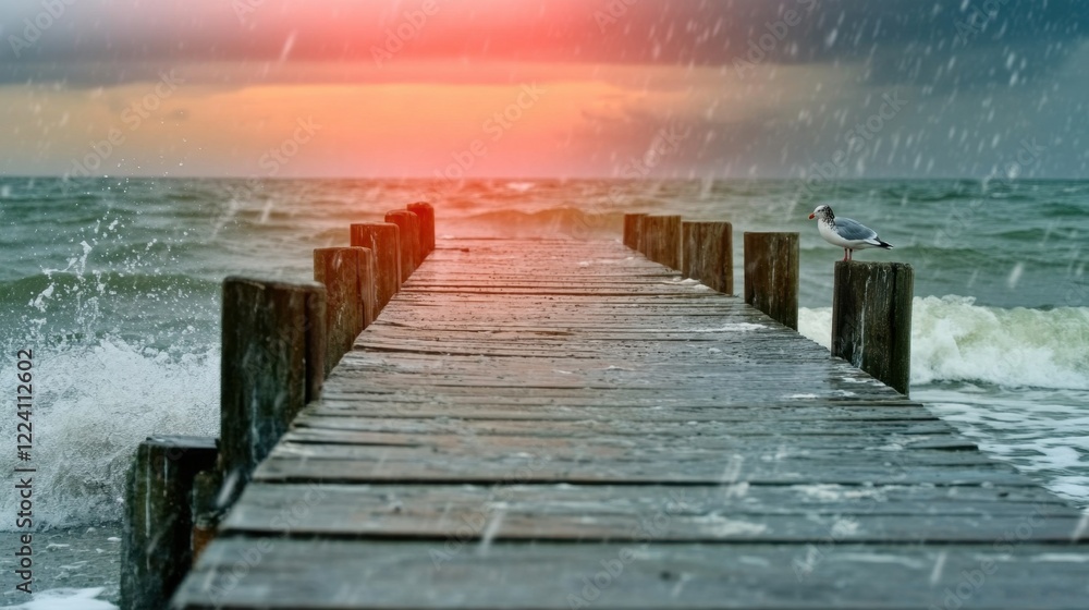 Fototapeta premium Serene Pier in Stormy Weather with Waves and Seagull on a Gloomy Day at the Beach