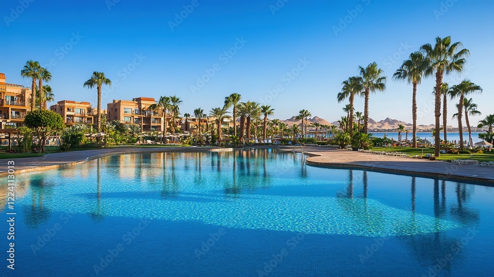 Luxury Swimming Pool in Opulent Hotel Resort Surrounded by Swaying Palm Trees and Set Against a Clear Blue Sky. Offers a Breathtaking Panoramic View of Sparkling Water, Creating an Idyllic Escape. Luxury Swimming Pool in Opulent Hotel Resort Surrounded by Swaying Palm Trees and Set Against a Clear Blue Sky. Offers a Breathtaking Panoramic View of Sparkling Water, Creating an Idyllic Escape.