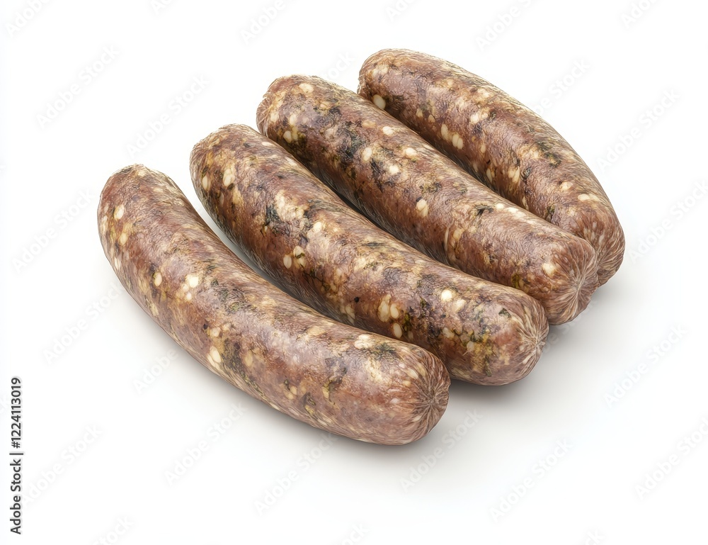 Four raw herb sausages on white background. Four raw herb sausages on white background.