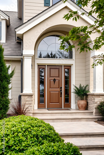 Elegant Home Entrance with Modern Design and Landscaping. High-end Real Estate, Luxury Property, Architectural Details, Curb Appeal photo