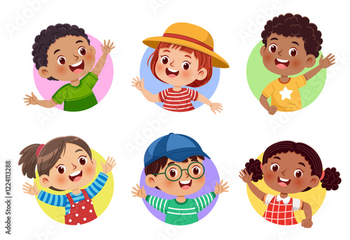 Cute and diverse group of children smiling and waving cheerfully