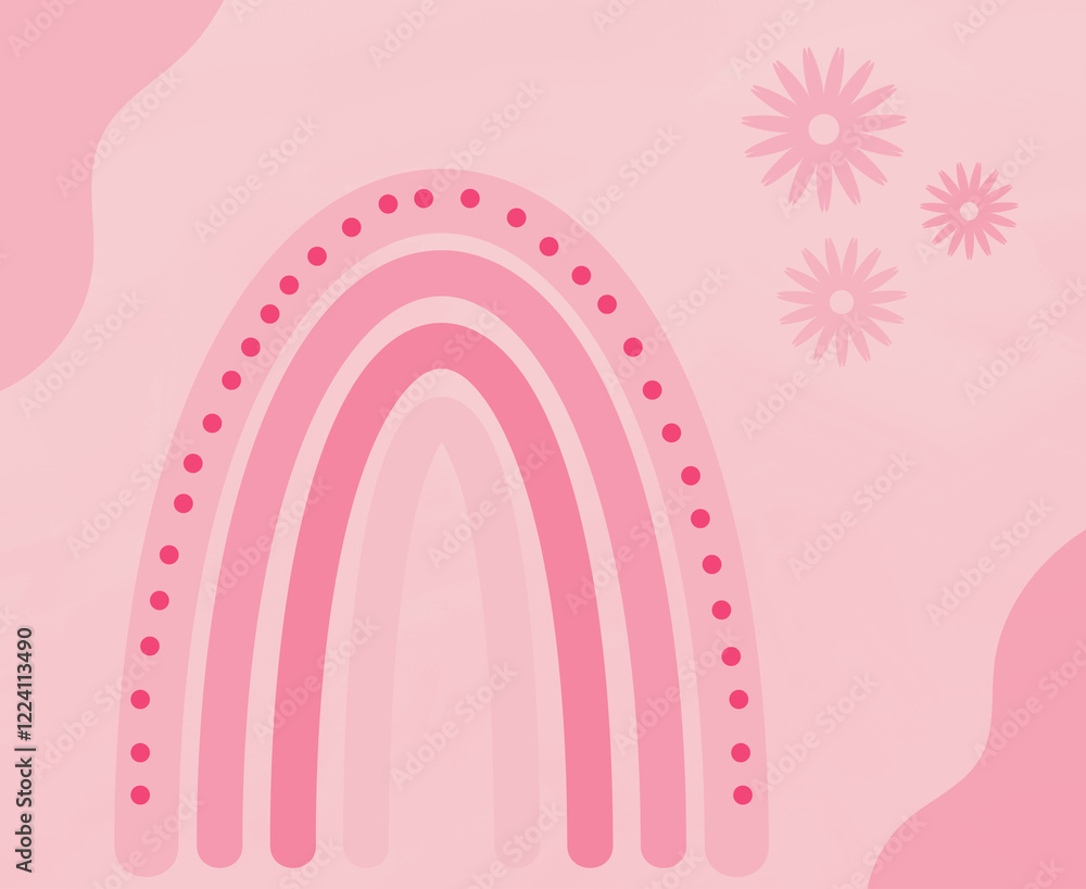 Cute rainbow design with a rainbow, shapes and flowers in shades of pink Cute rainbow design with a rainbow, shapes and flowers in shades of pink