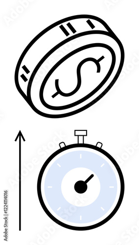 Coin with dollar sign hovering over a stopwatch and an upward arrow suggesting financial growth over time. Ideal for finance, investment, business growth, savings, budgeting, time management