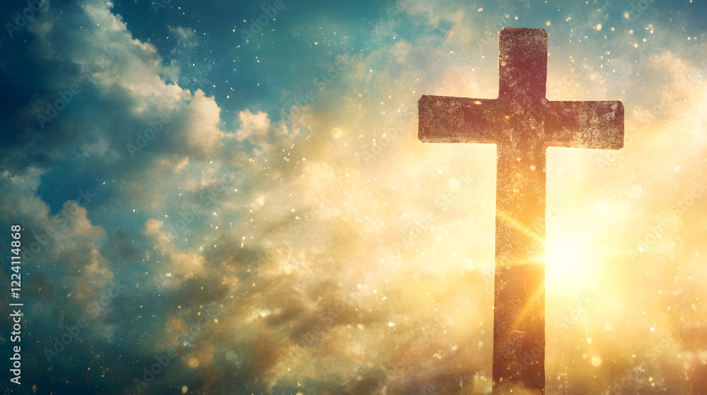 Rustic wooden cross against a vibrant sky with clouds and radiant sunlight depicting hope and spirituality : Generative AI Rustic wooden cross against a vibrant sky with clouds and radiant sunlight depicting hope and spirituality : Generative AI