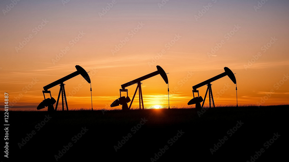 Fototapeta premium Oil pumps silhouetted against a vibrant sunset, symbolizing the intersection of industrial energy production and natural beauty, highlighting sustainability and resource management