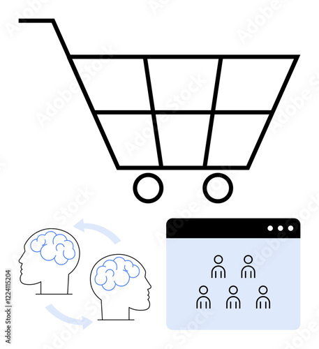 Shopping cart, two heads with interconnected brains, and user interface icons. Ideal for e-commerce, collaboration, digital networking, innovation, education, teamwork abstract line flat metaphor