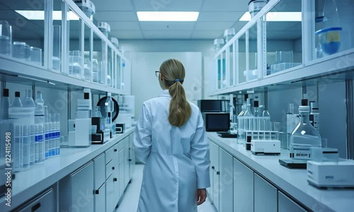 Woman In White Lab Coat Walking Through Modern Laboratory