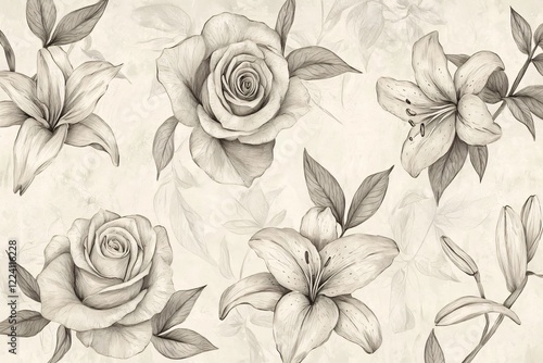 Wallpaper Mural Elegant monochrome floral pattern featuring roses and lilies, creating a vintage aesthetic backdrop Torontodigital.ca