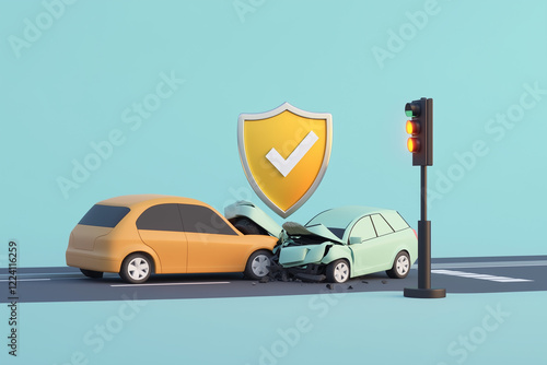 3D minimalistic illustration of car accident with shield insurance protection, two crashing cars on street at traffic light. Generative Ai.

