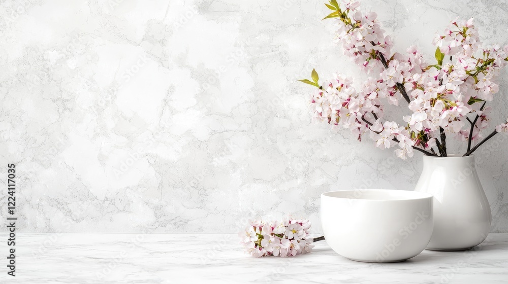 Fototapeta premium Pink cherry blossom branches in a white ceramic vase stand next to an empty bowl on a textured stone surface.