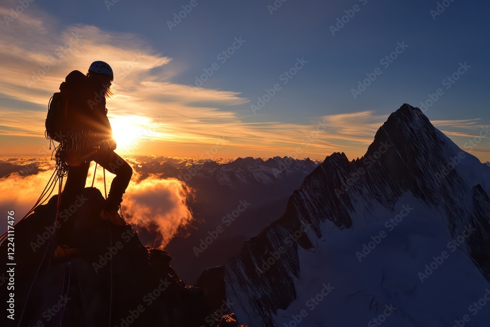 A wide-angle shot of a woman silhouetted against the sunset as she reaches the summit of a mountain. A wide-angle shot of a woman silhouetted against the sunset as she reaches the summit of a mountain.